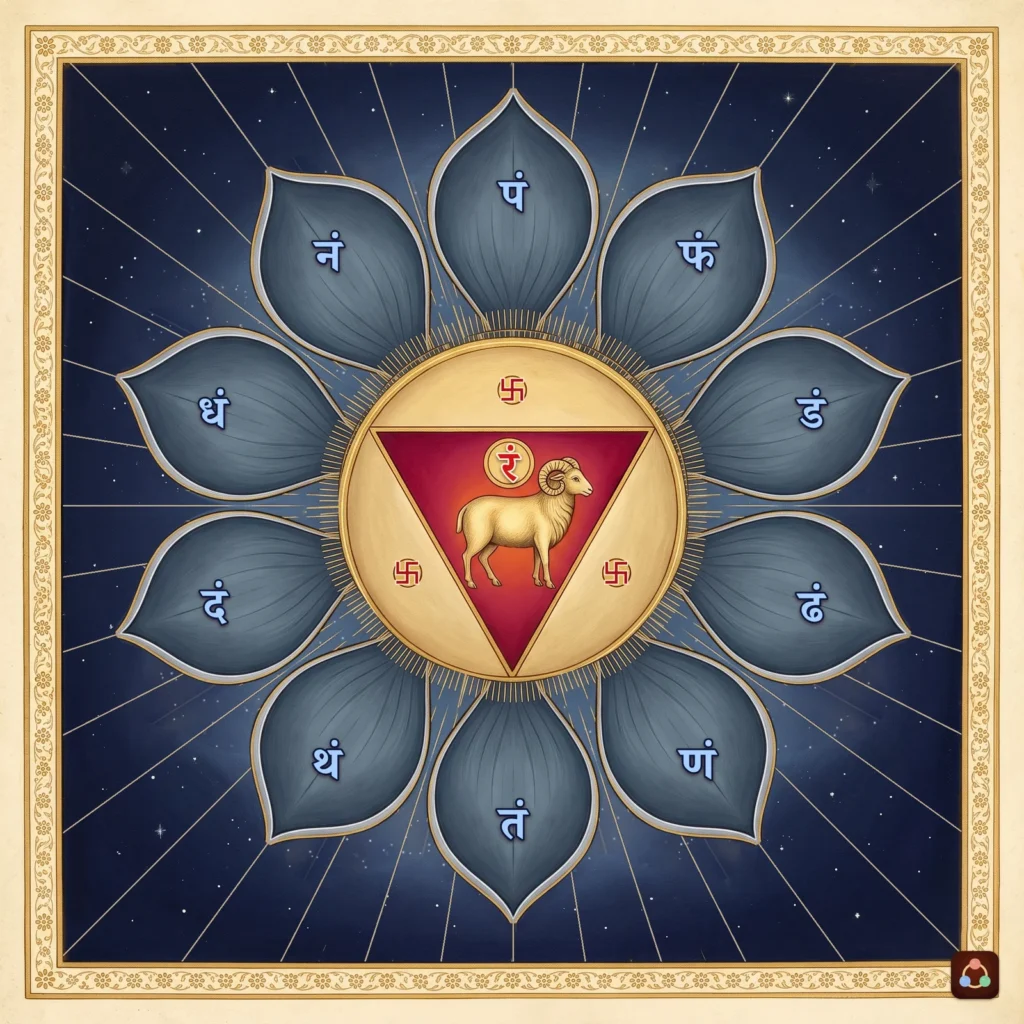 The Manipura chakra: ten blue-grey petals with the letters da, dha, na, ta, tha, da, dha, na, pa and pha; in the centre a downward red triangle with a svastika on each side, the red bija ram on a gold disc, and a ram below it.