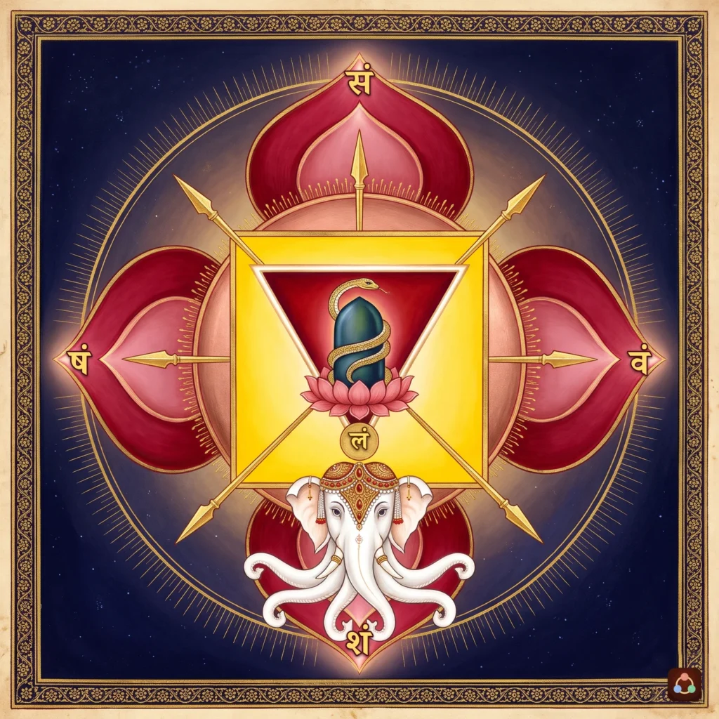 The Muladhara chakra: four crimson petals with the letters va, sha, sha and sa; the yellow square of earth with spears; the white elephant Airavata below the bija lam; the downward red triangle with the dark Svayambhu linga and the golden Kundalini serpent.