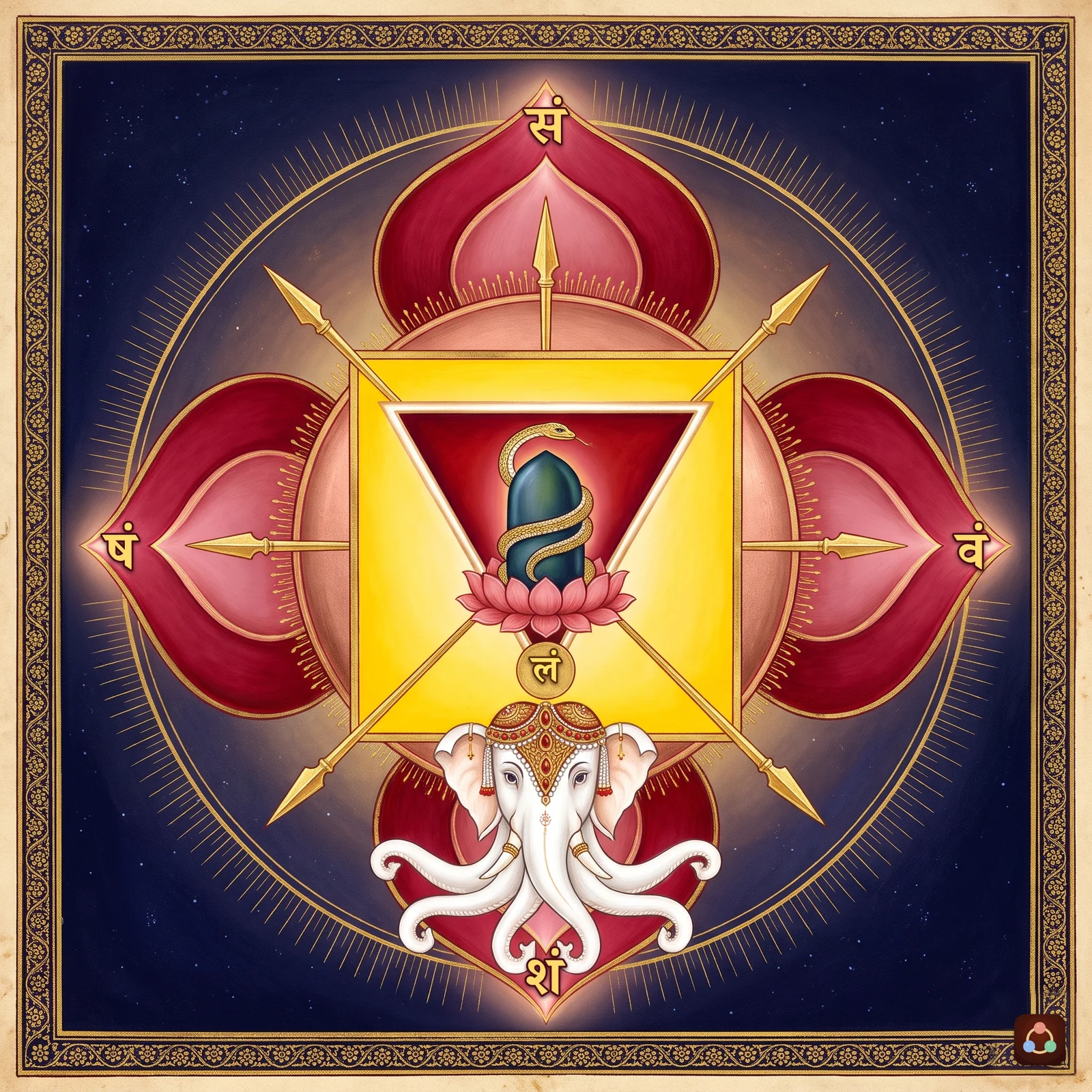 The Muladhara chakra: four crimson petals with the letters va, sha, sha and sa; the yellow square of earth with spears; the white elephant Airavata below the bija lam; the downward red triangle with the dark Svayambhu linga and the golden Kundalini serpent.