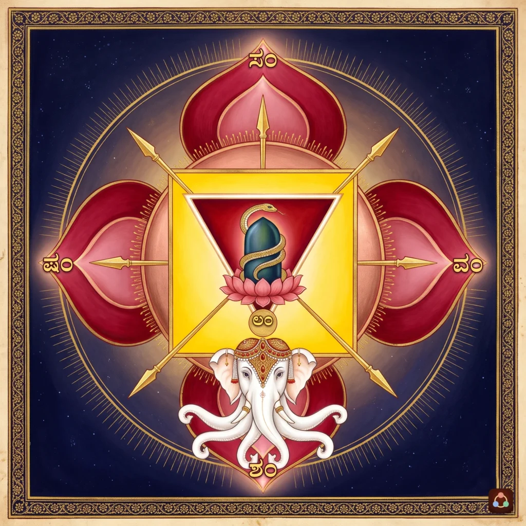 ಮೂಲಾಧಾರ ಚಕ್ರ: ವಂ ಶಂ ಷಂ ಸಂ ಅಕ್ಷರಗಳಿರುವ ನಾಲ್ಕು ಕೆಂಪು ದಳಗಳು, ಶೂಲಗಳಿರುವ ಹಳದಿ ಪೃಥ್ವೀ ಚೌಕ, ಲಂ ಬೀಜದ ಕೆಳಗೆ ಬಿಳಿಯ ಐರಾವತ, ಕೆಳಮುಖ ಕೆಂಪು ತ್ರಿಕೋನದಲ್ಲಿ ಸ್ವಯಂಭೂ ಲಿಂಗ ಮತ್ತು ಚಿನ್ನದ ಕುಂಡಲಿನಿ ಸರ್ಪ.