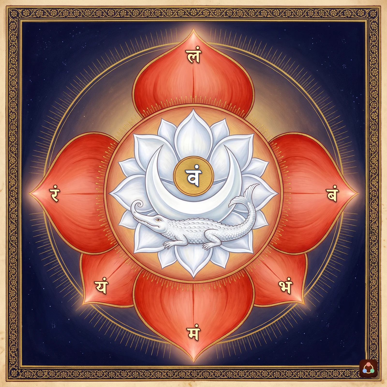 The Svadhishthana chakra: six vermilion petals with the letters ba, bha, ma, ya, ra and la; in the centre the white region of water, a white lotus with a crescent moon, the bija vam on a gold disc, and the white makara below it.