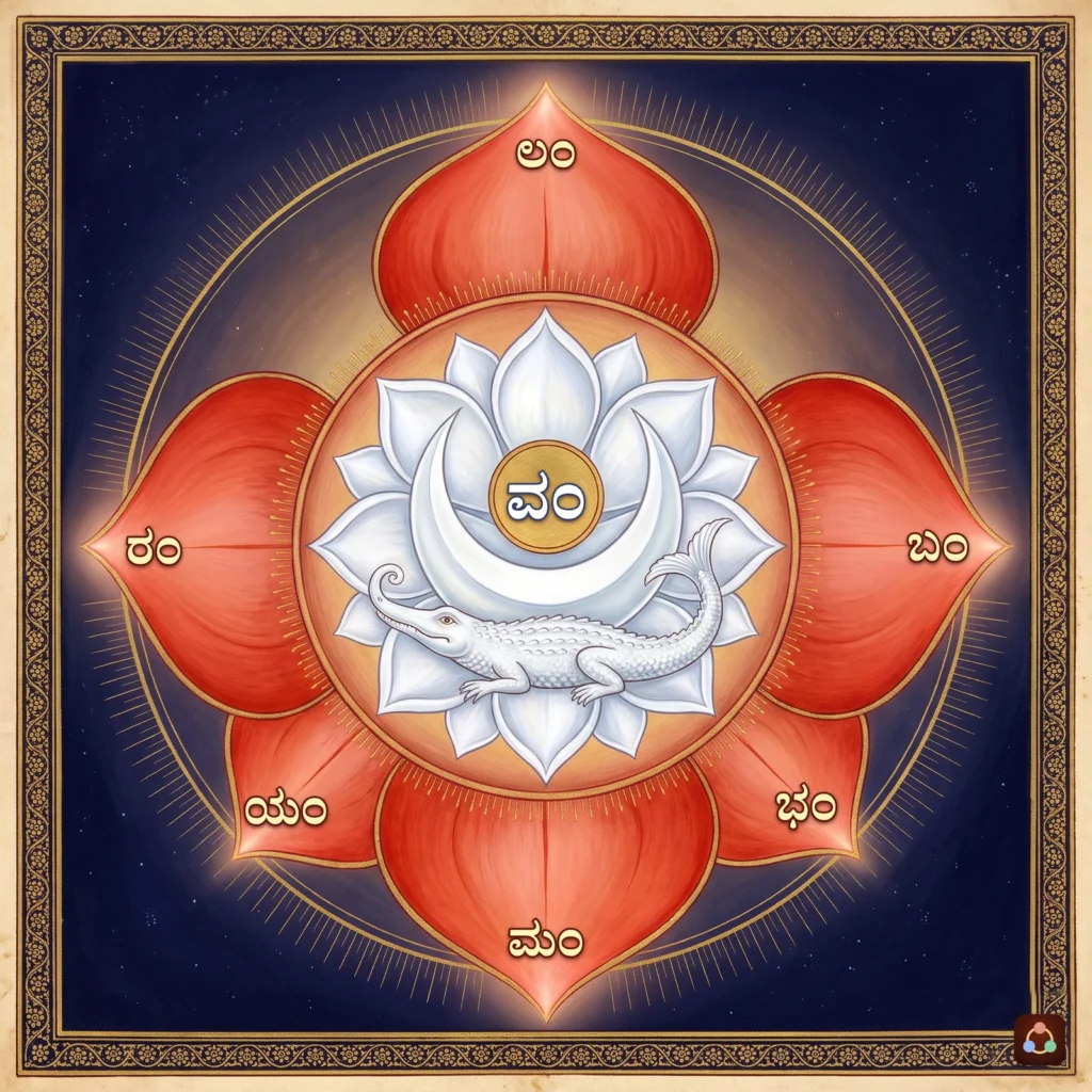 ಸ್ವಾಧಿಷ್ಠಾನ ಚಕ್ರ: ಬಂ, ಭಂ, ಮಂ, ಯಂ, ರಂ, ಲಂ ಅಕ್ಷರಗಳಿರುವ ಆರು ಸಿಂಧೂರ ಬಣ್ಣದ ದಳಗಳು; ನಡುವೆ ಬಿಳಿಯ ಜಲಮಂಡಲ, ಅರ್ಧಚಂದ್ರನಿರುವ ಬಿಳಿಯ ಕಮಲ, ಚಿನ್ನದ ಬಿಲ್ಲೆಯ ಮೇಲೆ ವಂ ಬೀಜ, ಅದರ ಕೆಳಗೆ ಬಿಳಿಯ ಮಕರ.