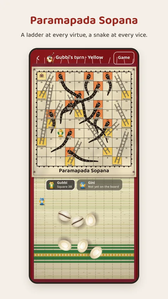 Paramapada Sopana: the board of a hundred squares, its ladders and snakes, and the cowries.